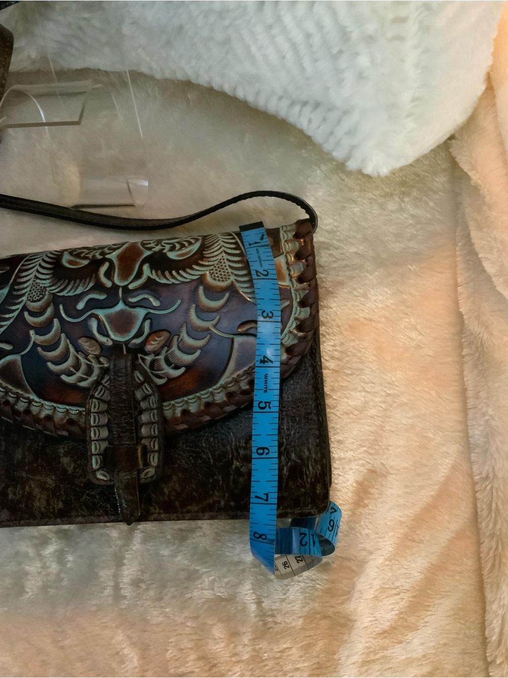 Patricia Nash Handcrafted Tooled Leather Crossbody/Bag in Brown and Turquoise - Picture 4 of 9